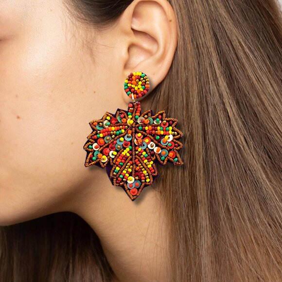 Fall Autumn Theme Colorful Maple Leaf Seed Beaded Statement Earrings - Picture 2 of 3